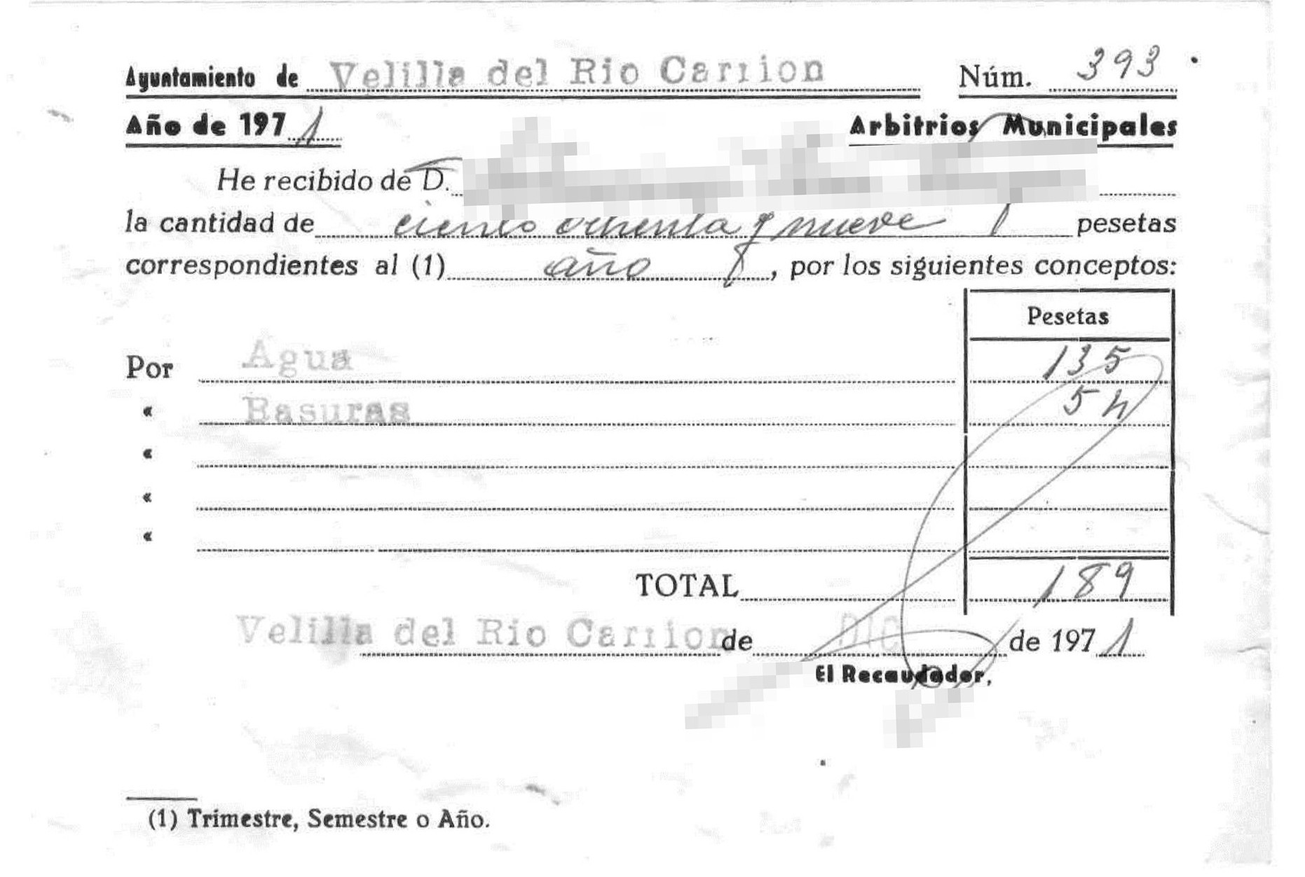 Recibo de arbitrios municipales del Ayuntamiento de Velilla del Río Carrión (1971)