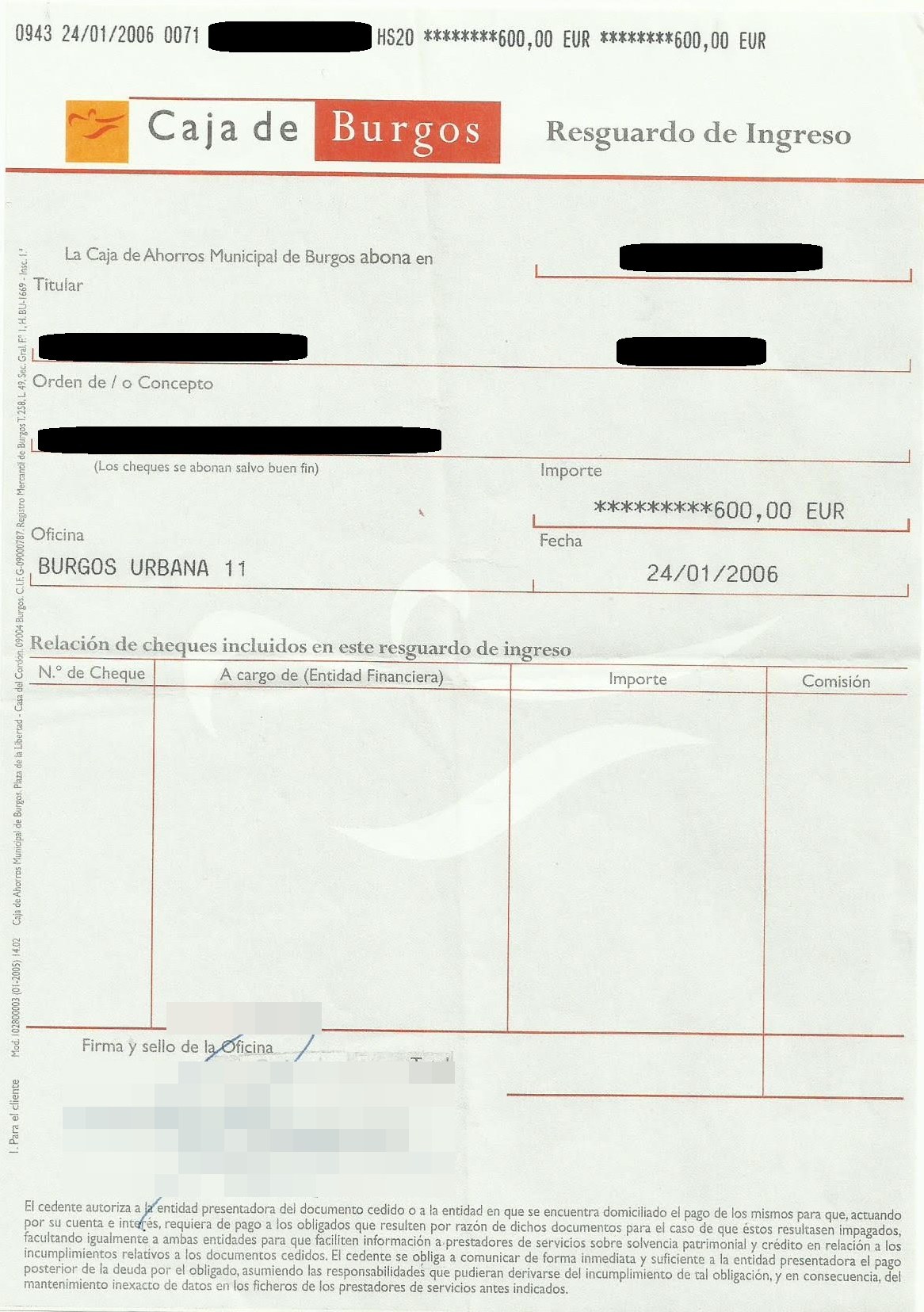 Resguardo de ingreso de Caja de Burgos (2006)