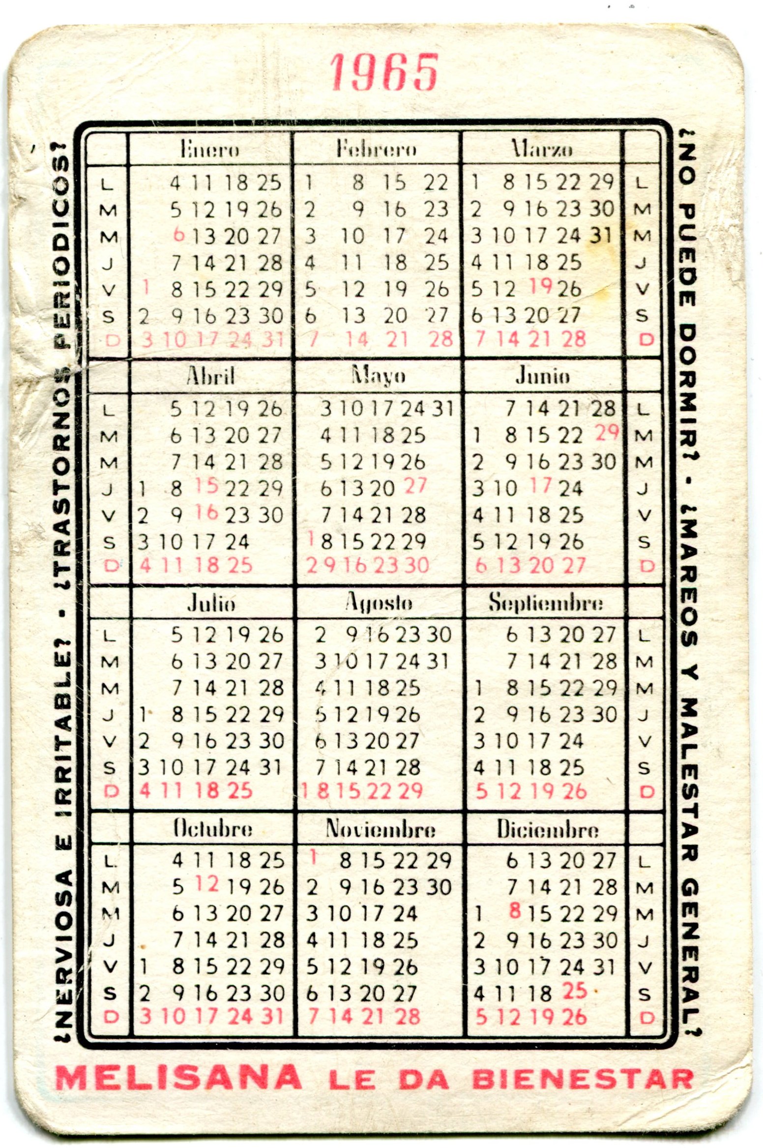 Calendario de bolsillo de Melisana (1965) (2)