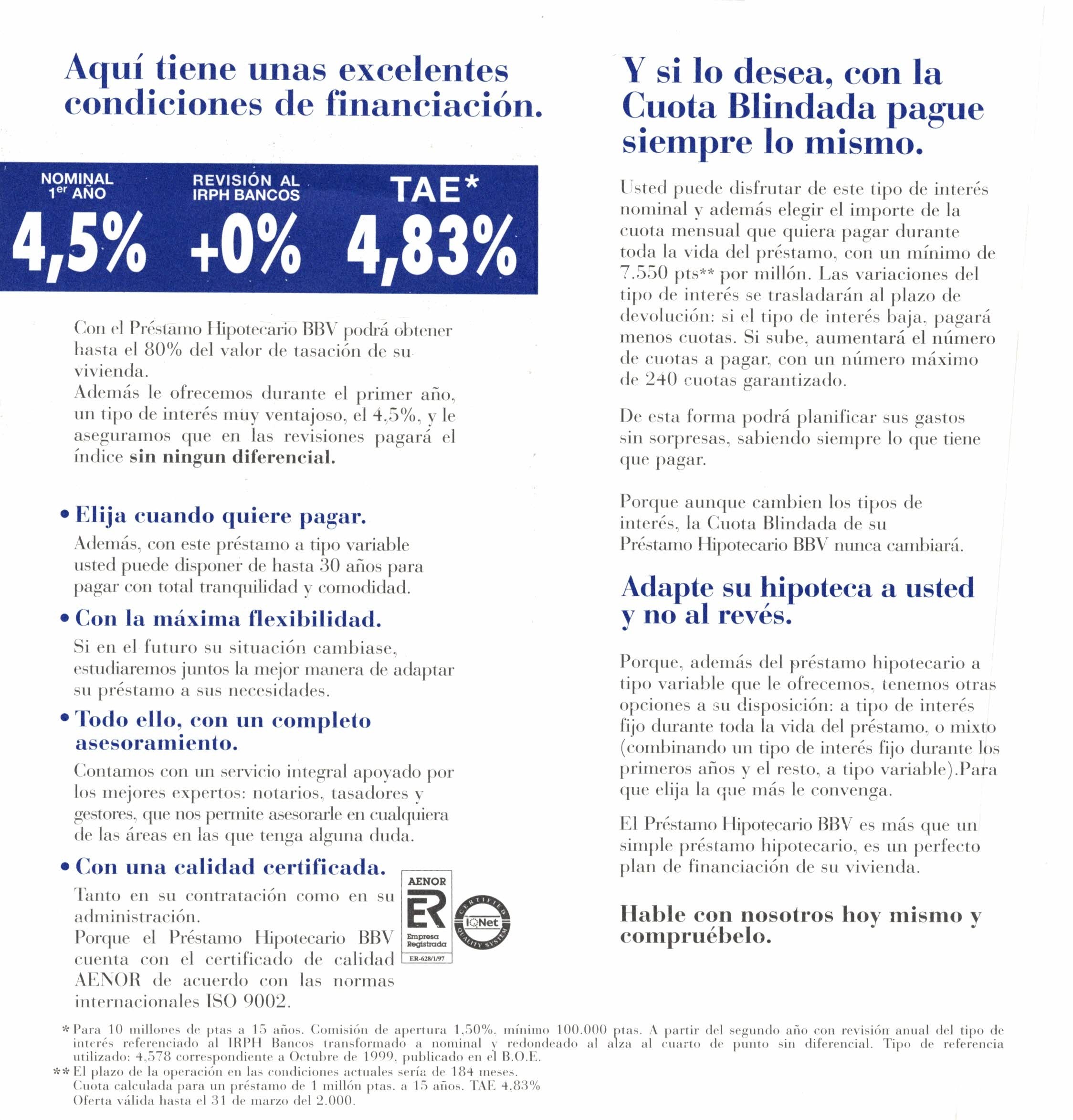 Folleto del Préstamo Hipotecario BBV (1999), reverso