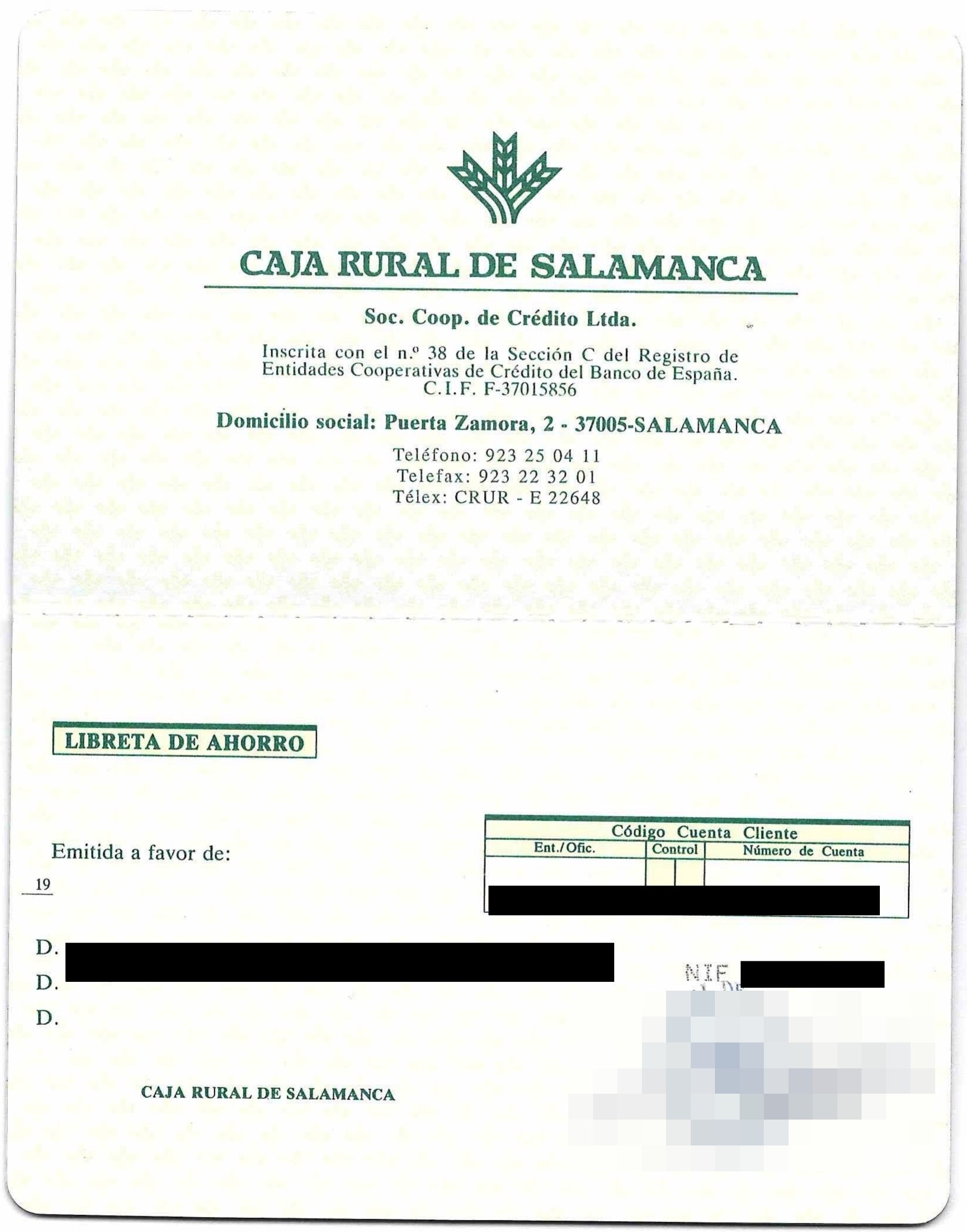 Libreta de ahorro de la Caja Rural de Salamanca (2)