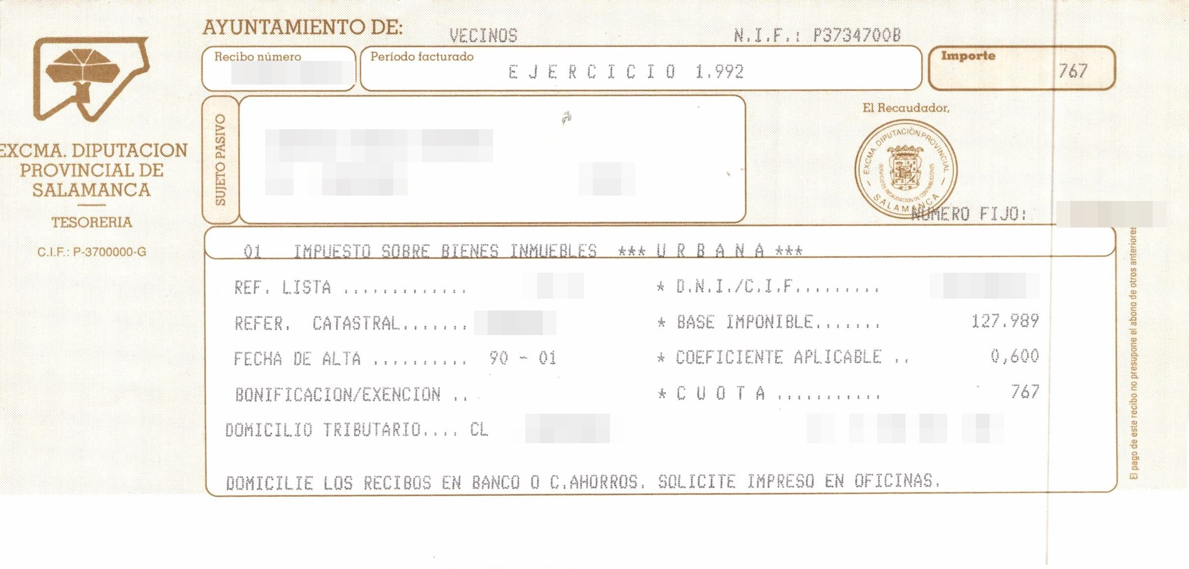 Recibo del Impuesto sobre Bienes Inmuebles de Vecinos (1992), anverso