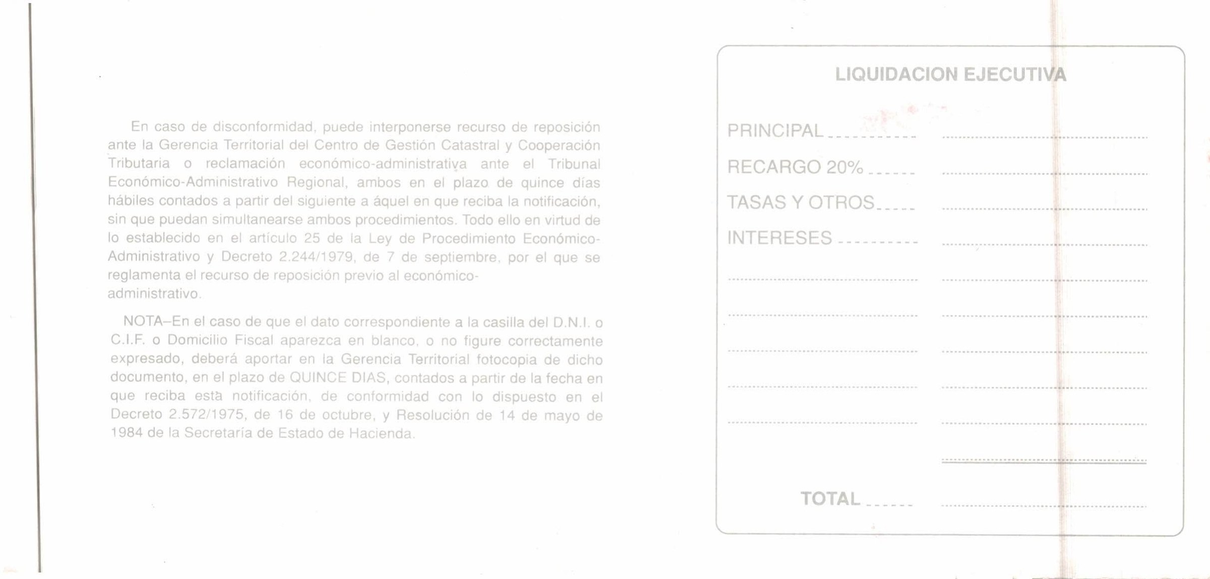 Recibo del Impuesto sobre Bienes Inmuebles de Vecinos (1992), reverso