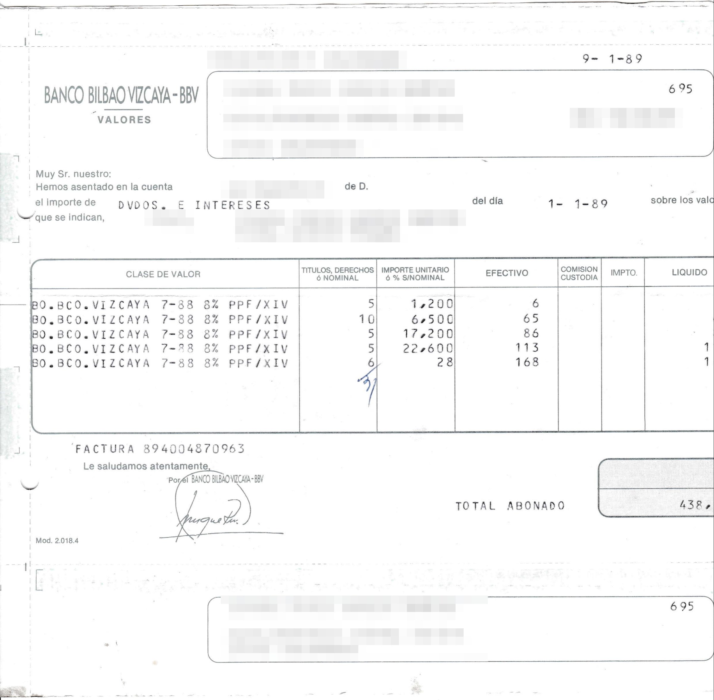 Sobre-carta del Banco Bilbao Vizcaya (1989), anverso