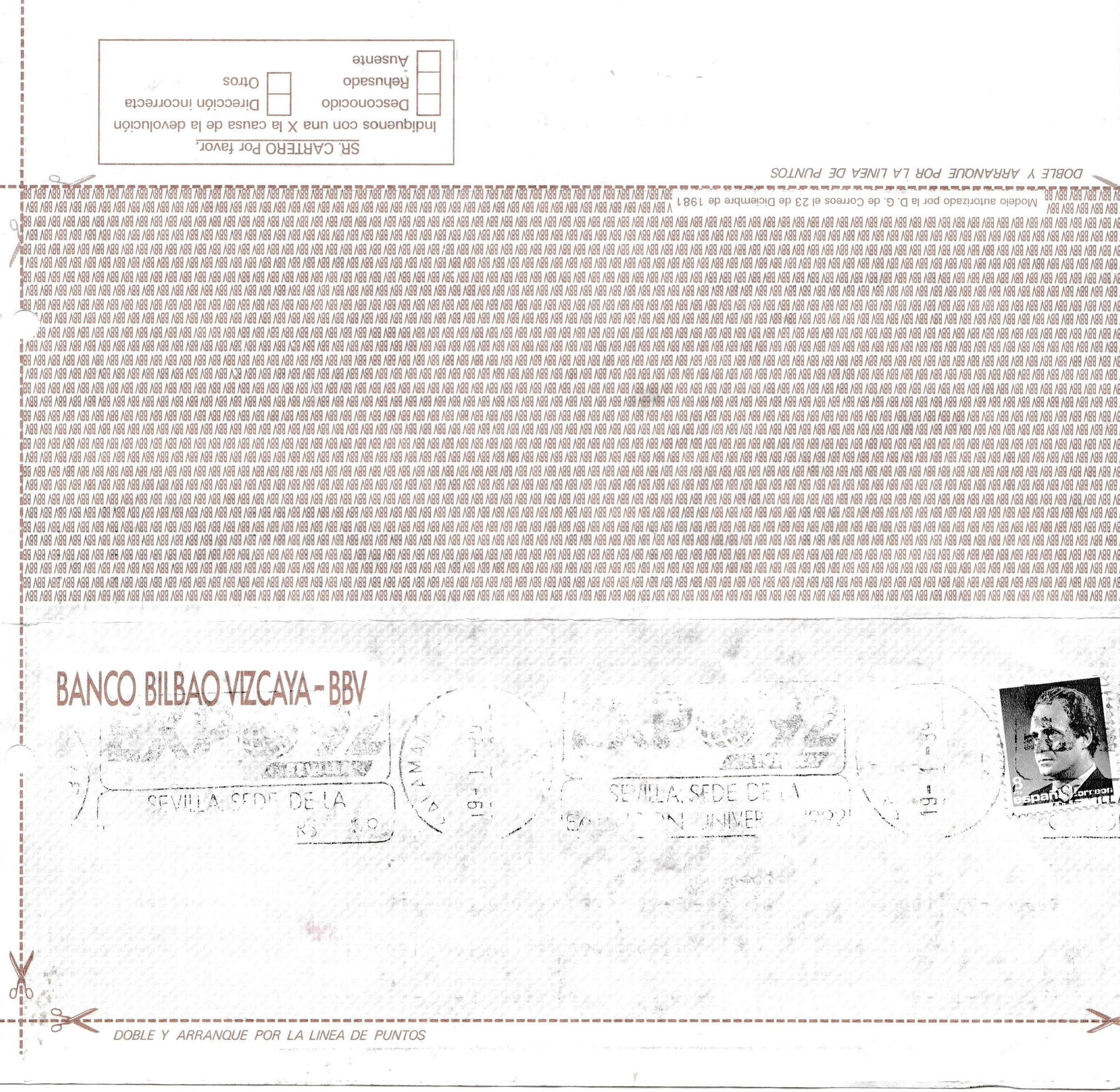 Sobre-carta del Banco Bilbao Vizcaya (1989), reverso