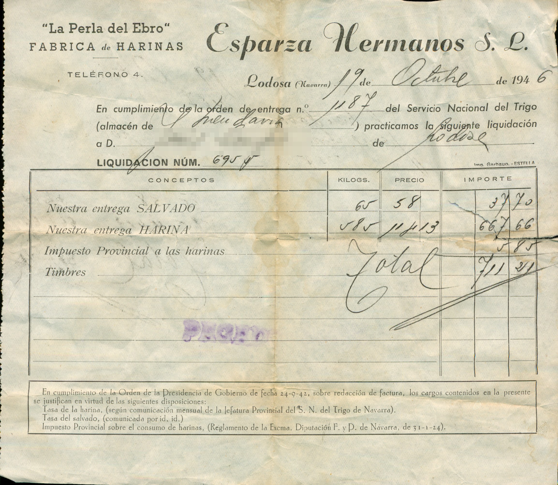 Liquidación de entrega de harina de Esparza Hermanos (1946)