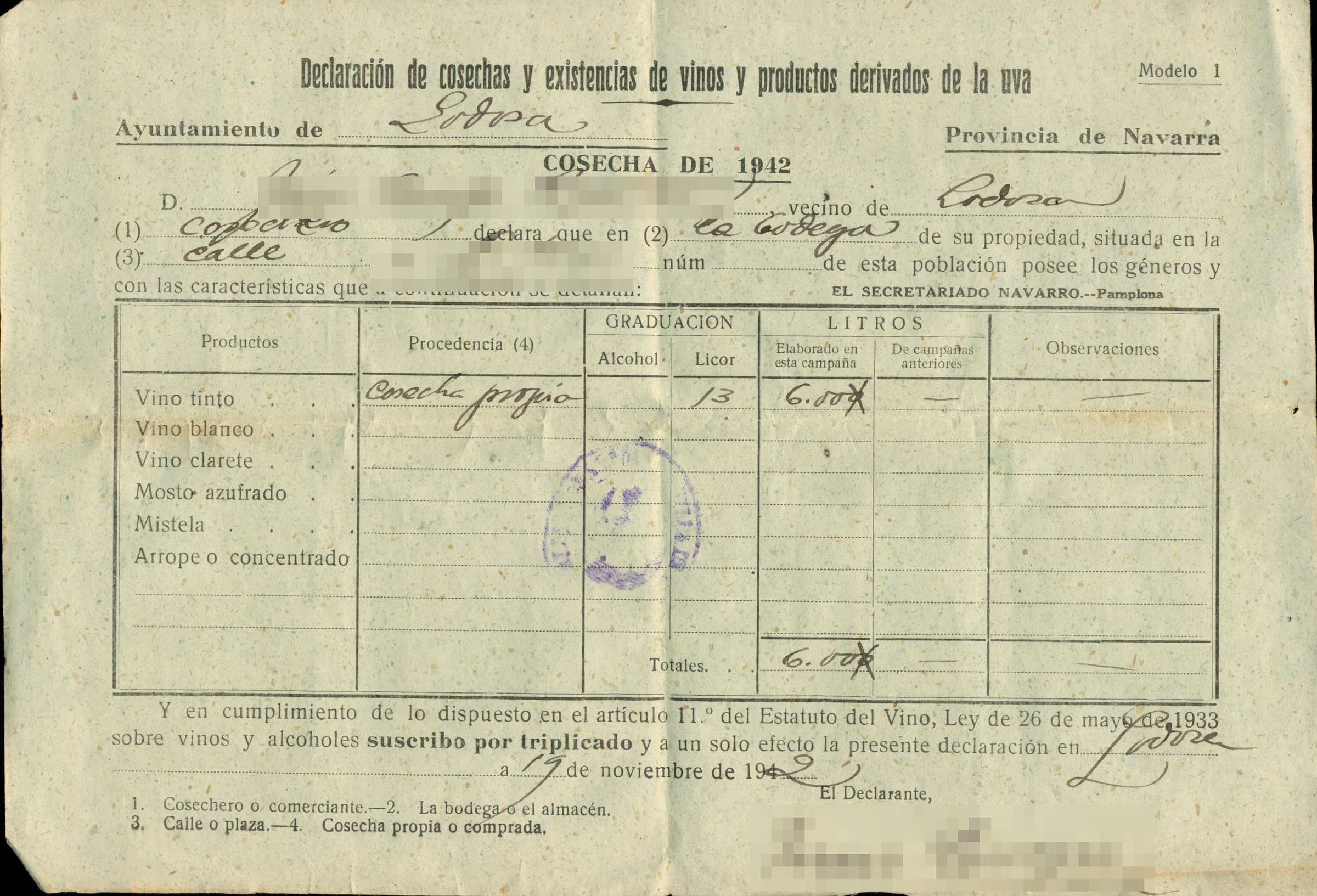 Declaración de cosecha de vino del Ayuntamiento de Lodosa (1942)