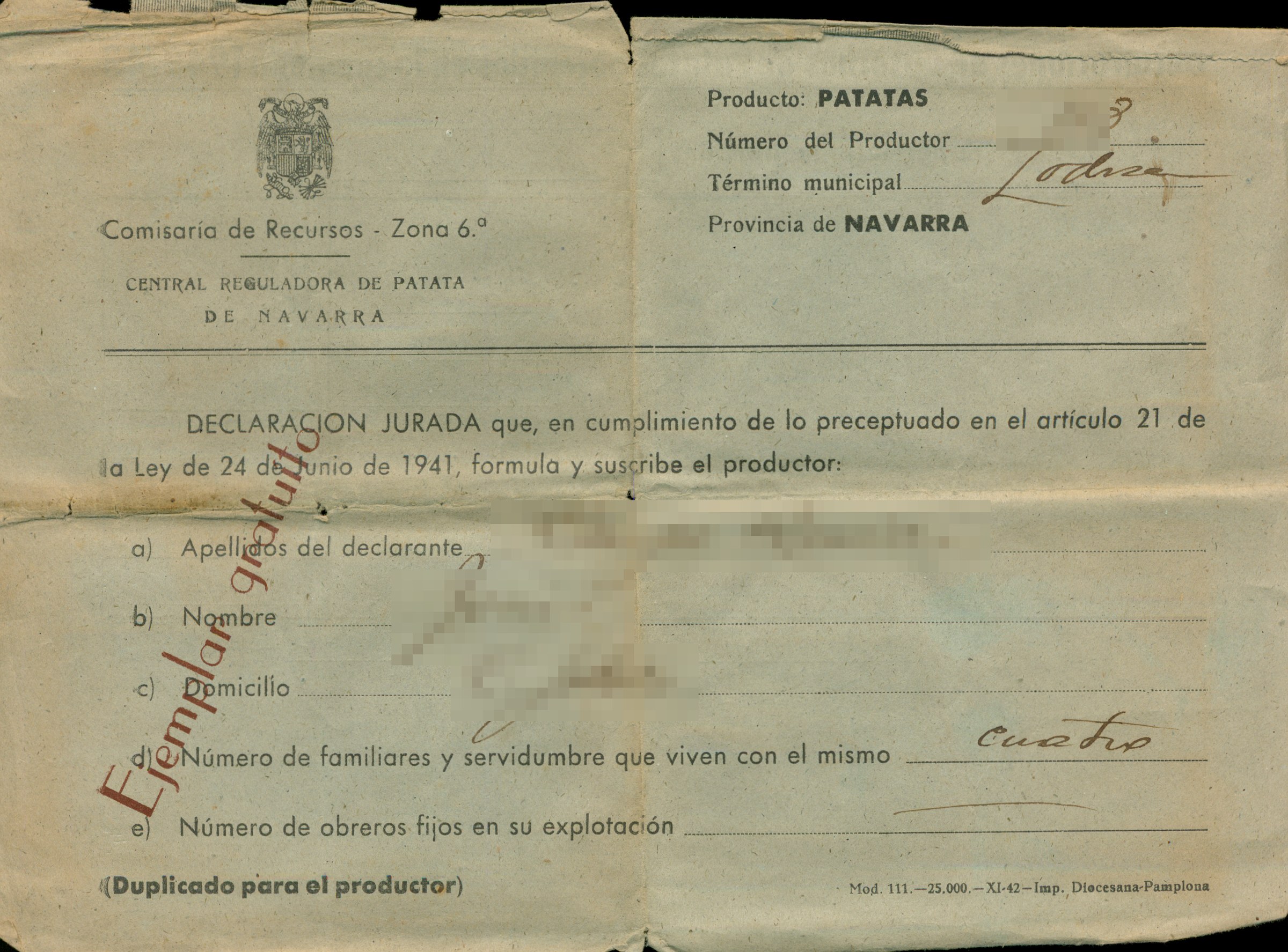 Declaración jurada de cosecha de patatas de la Central Reguladora de Patata de Navarra (1942) (1)