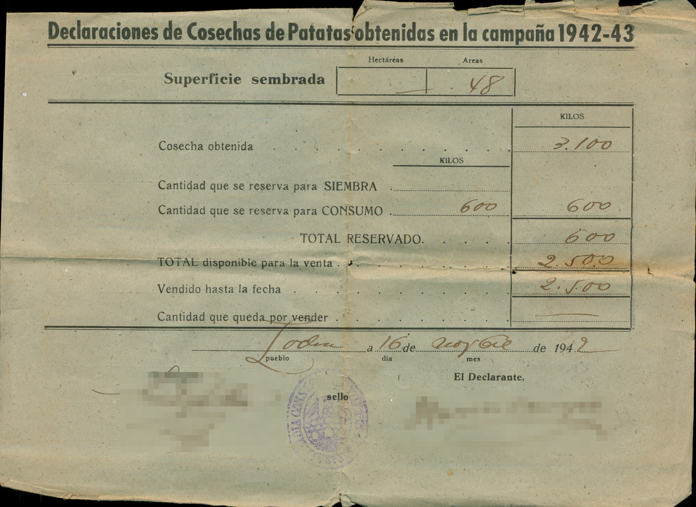 Declaración jurada de cosecha de patatas de la Central Reguladora de Patata de Navarra (1942) (2)