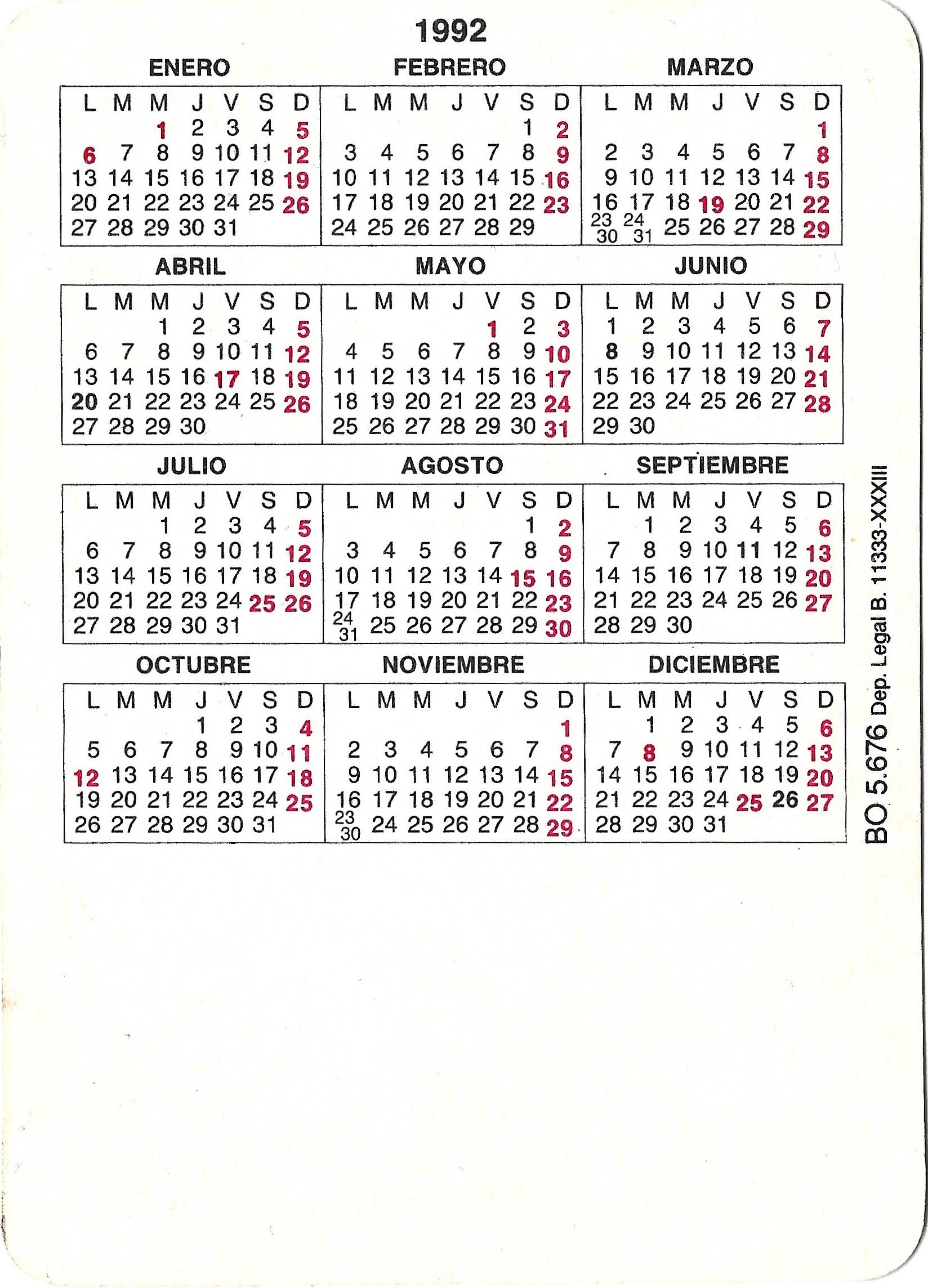 Calendario de bolsillo de Metro de Madrid (1992) (2)