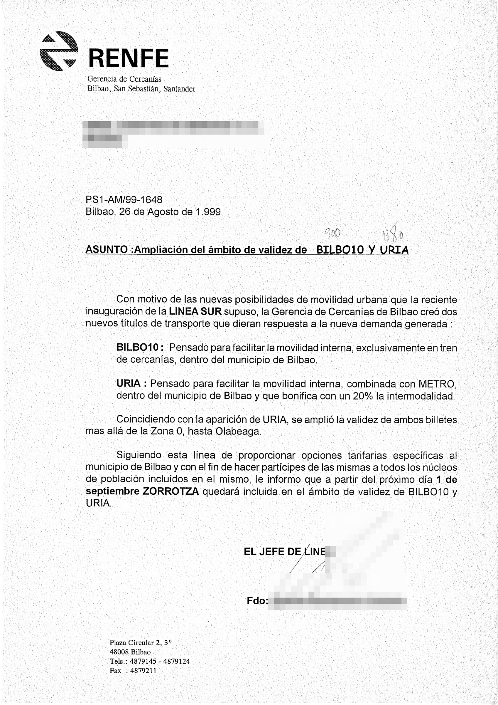 Carta de Renfe Cercanías Bilbao sobre los billetes BILBO10 y URIA (1999)