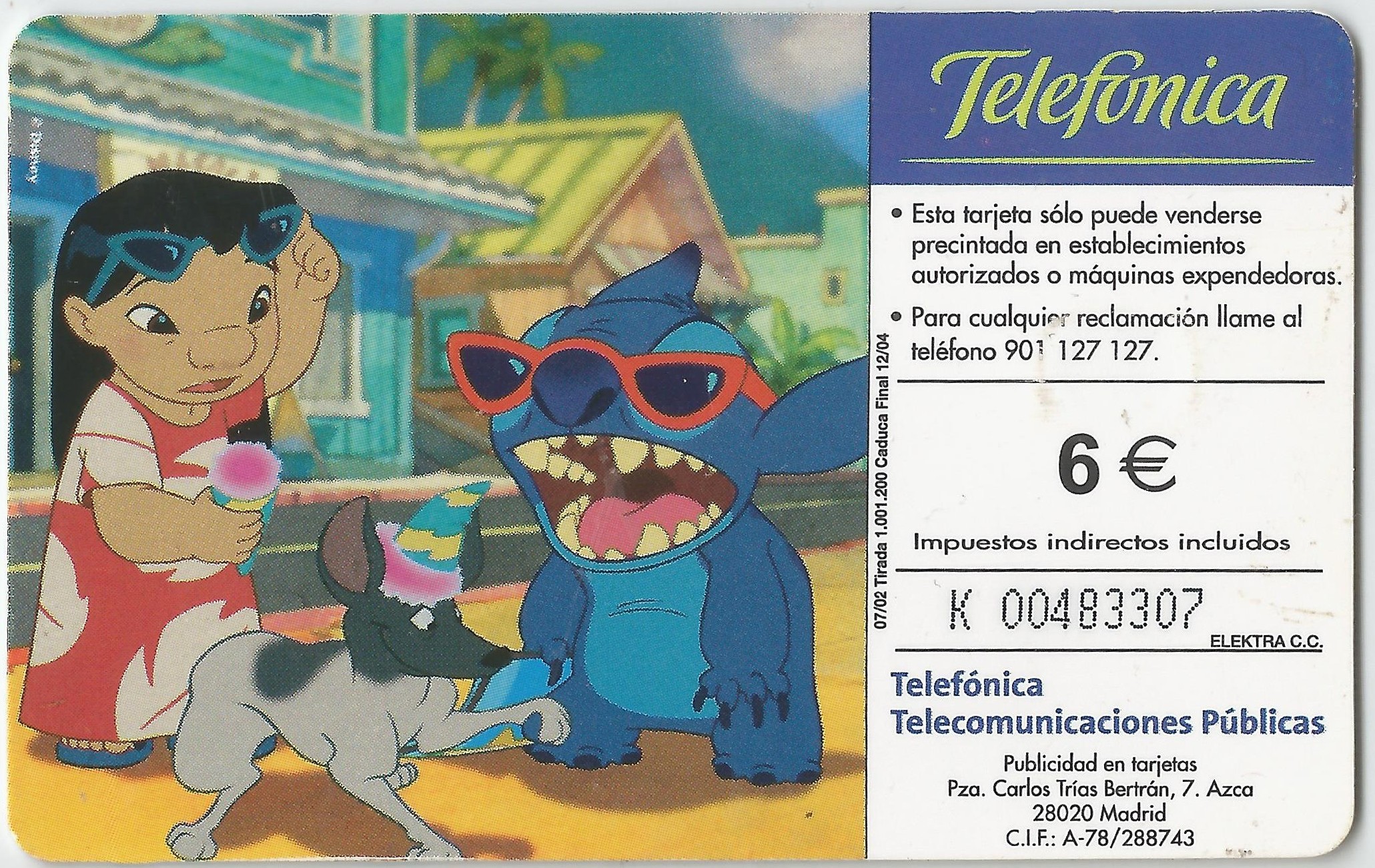 Tarjeta telefónica con publicidad de Lilo & Stitch, de Disney (2002) (2)