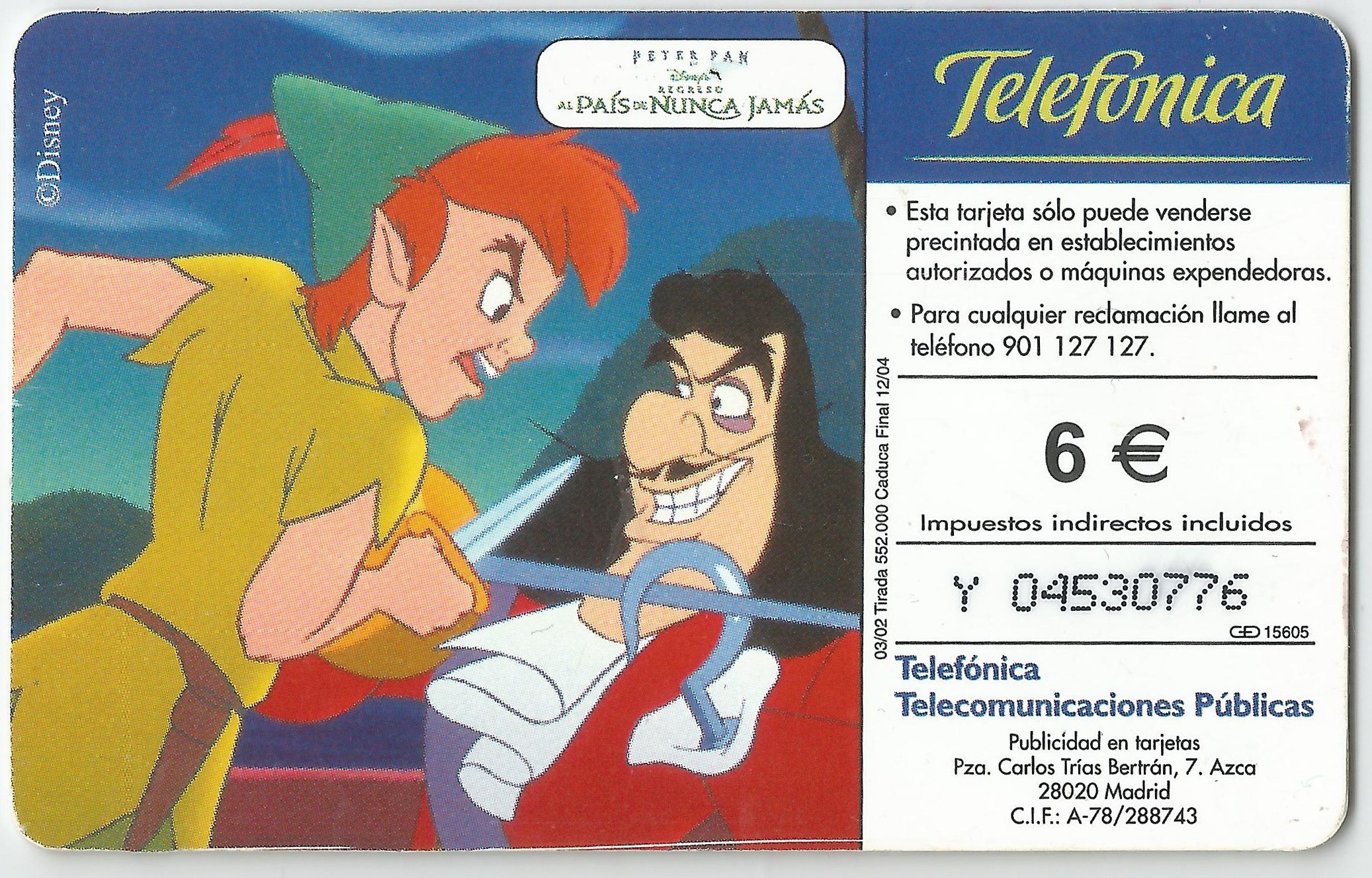 Tarjeta telefónica con publicidad de Peter Pan en Regreso al País de Nunca Jamás, de Disney (2002) (2)