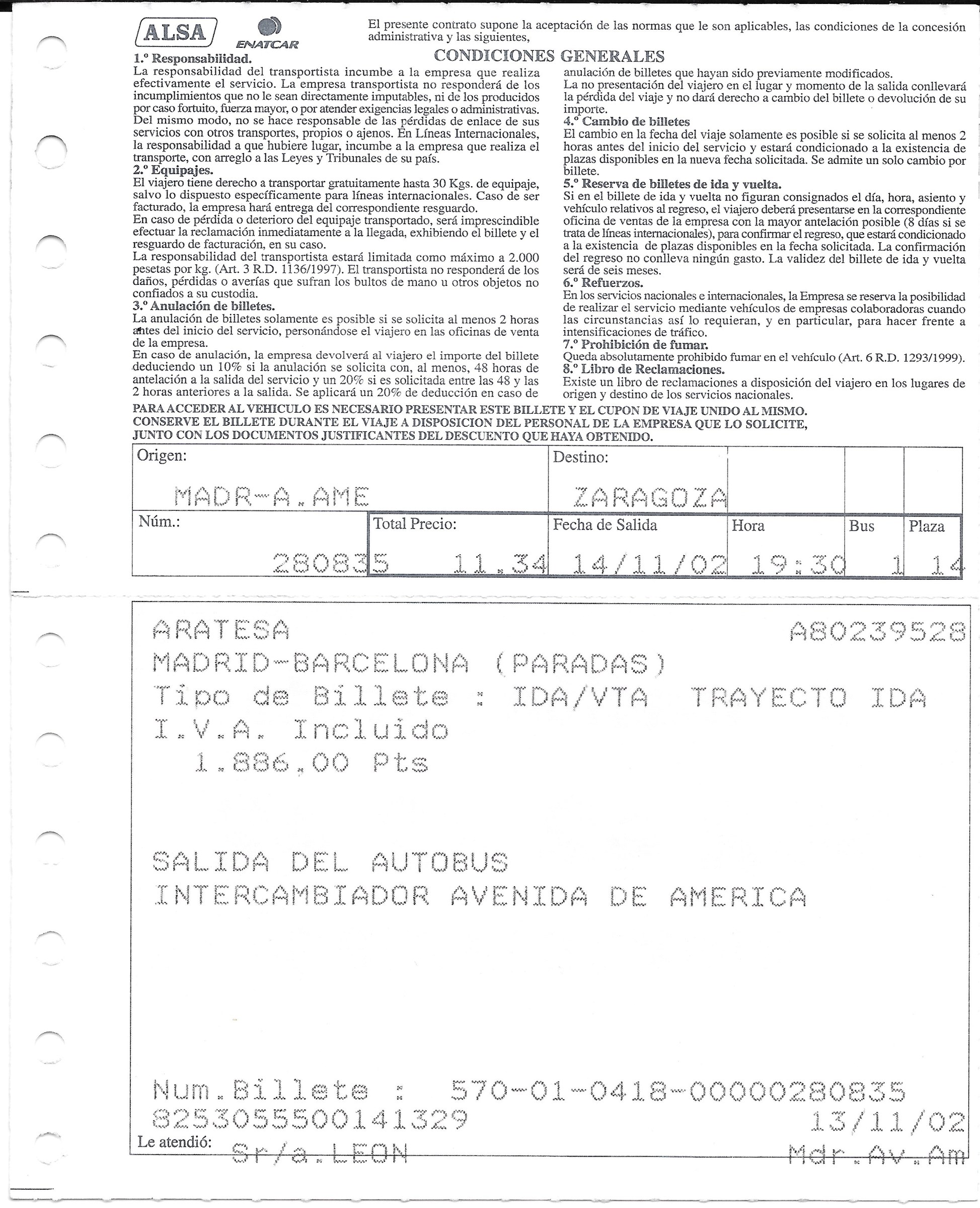 Billete de autobús de ALSA Madrid-Zaragoza (2002), anverso