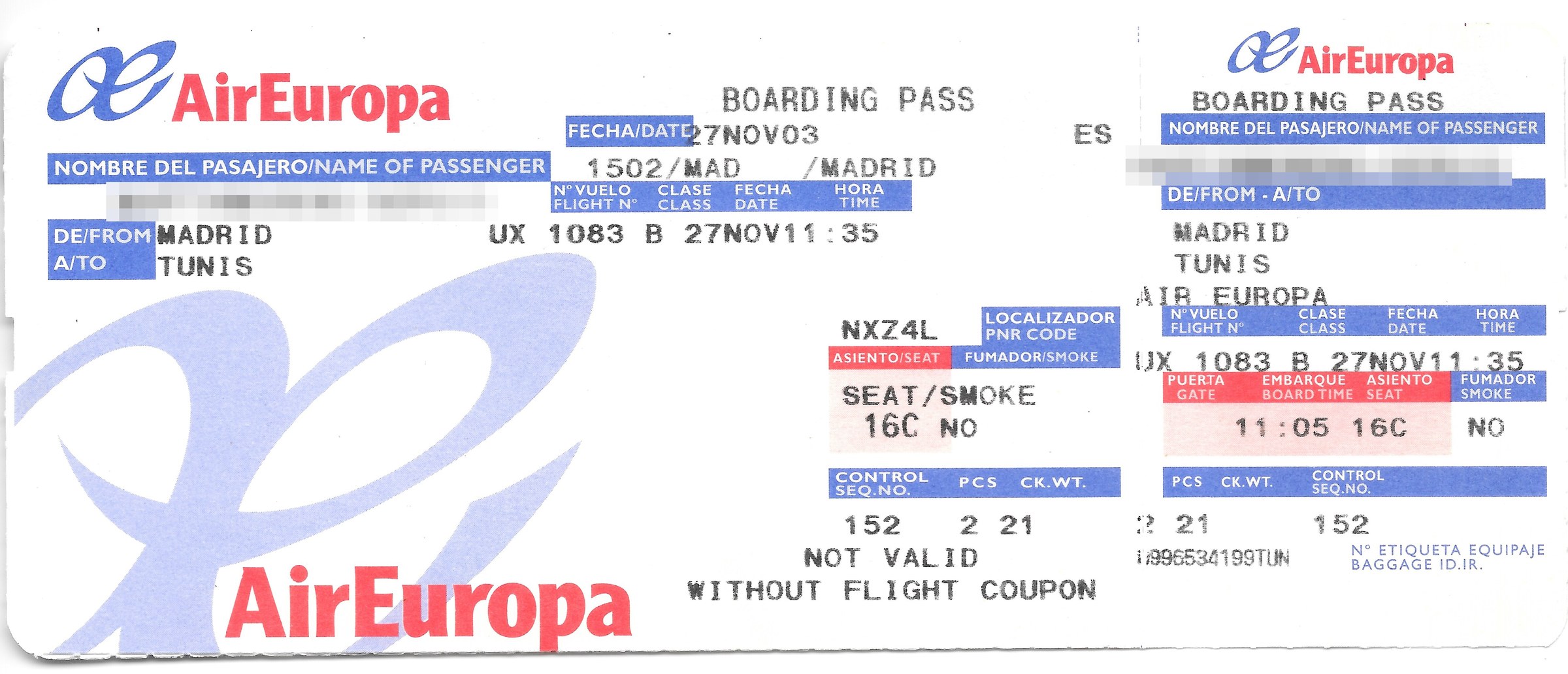 Tarjeta de embarque de Air Europa (2003), anverso